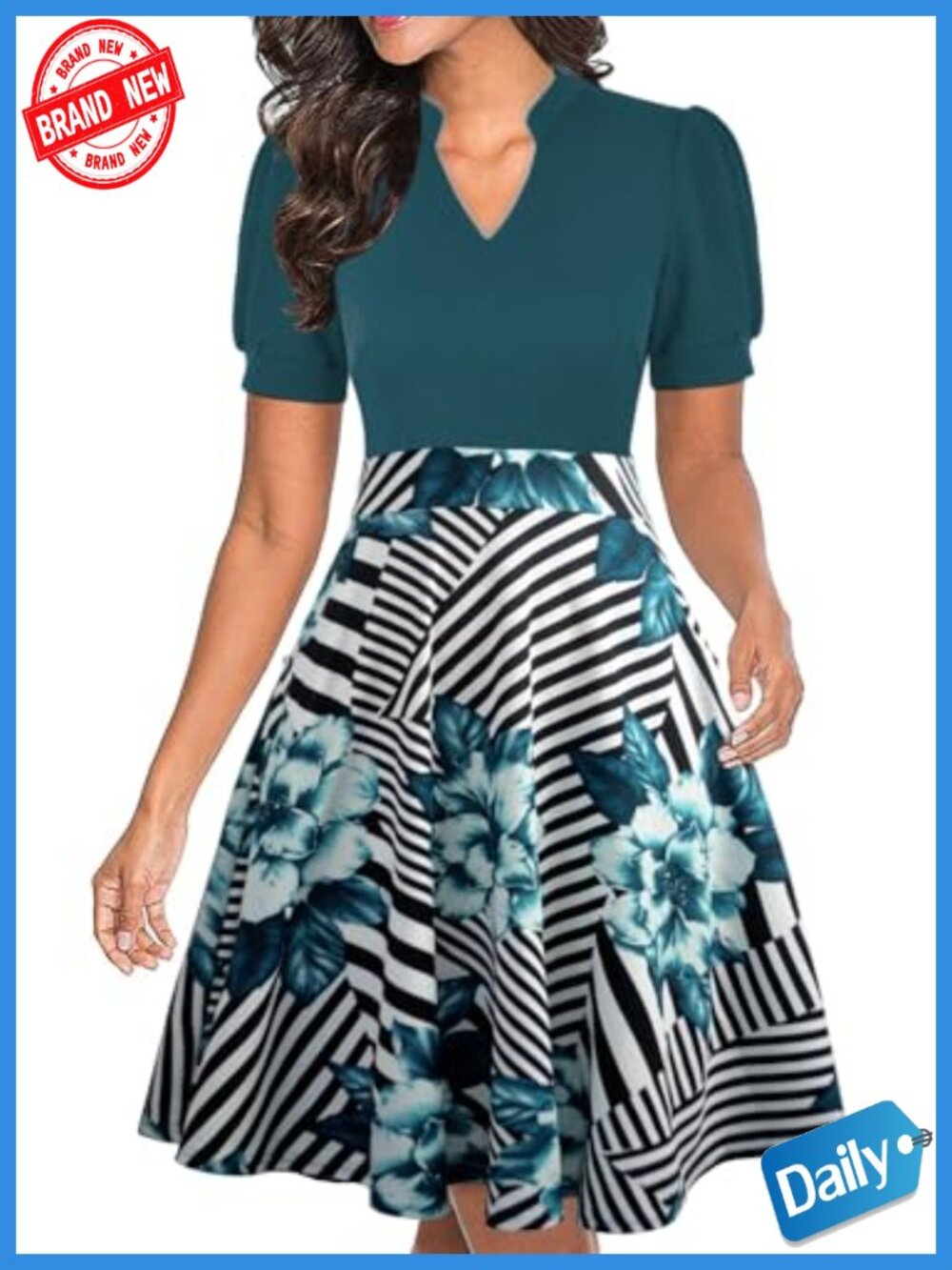 V-Neck Puff Sleeve Fit and Flare Dress with Pockets - Picture 1 of 2